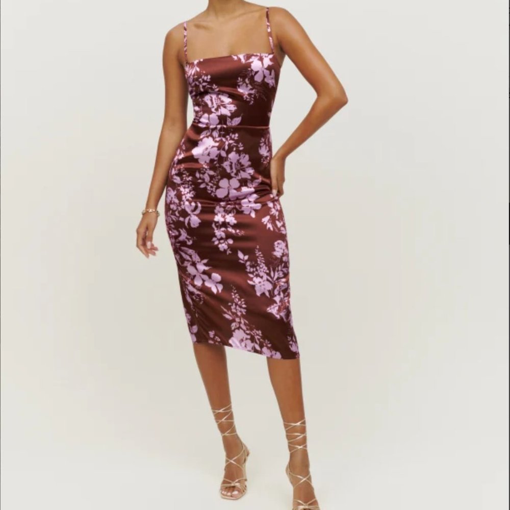 Reformation Silk Oaklie Dress (sleeveless, midi dress) - pink and brown (NWT!)